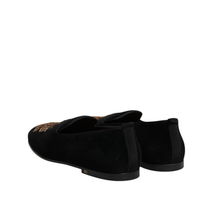 Dolce & Gabbana Black Velvet Gold Crown Mens Loafers Shoes