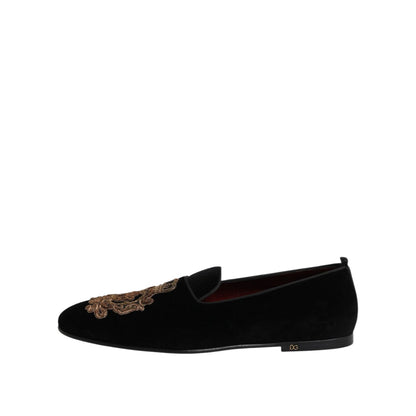 Dolce & Gabbana Black Velvet Gold Crown Mens Loafers Shoes