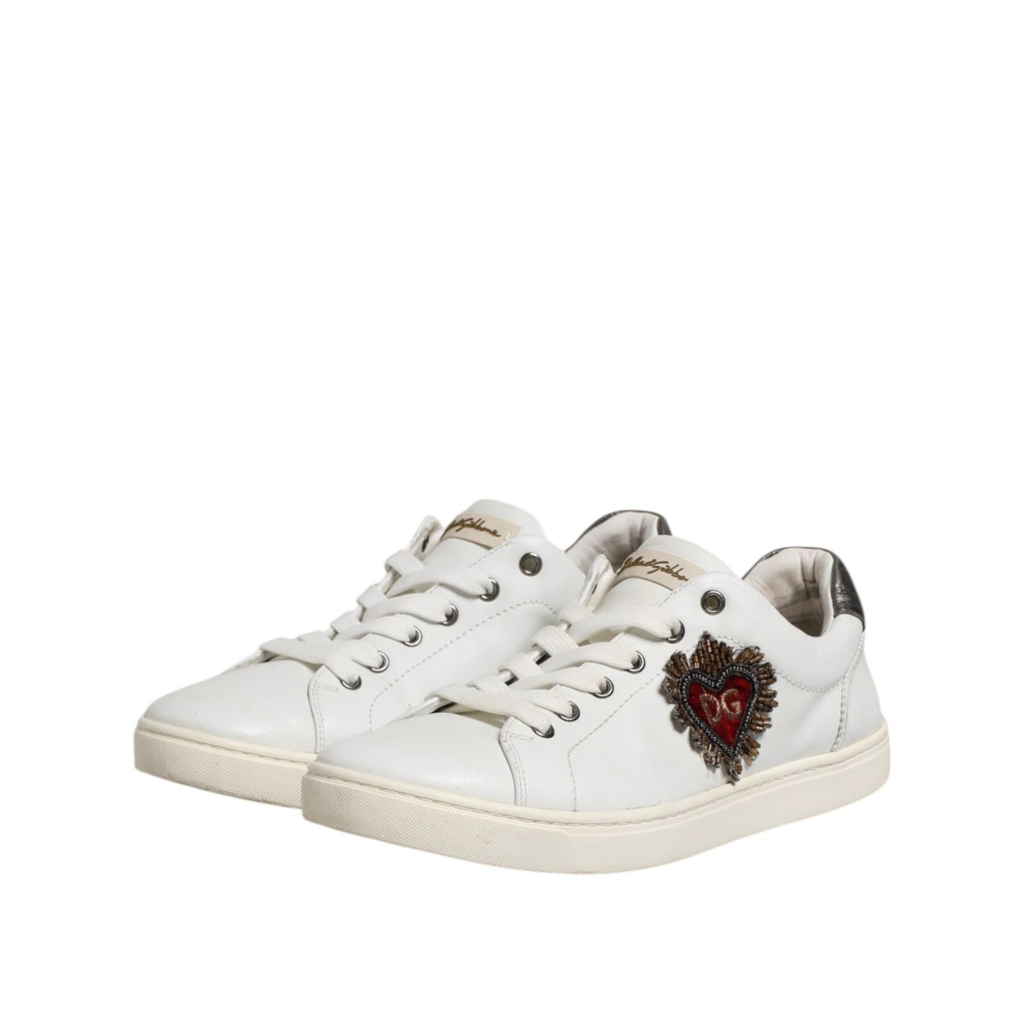 Dolce & Gabbana White Silver Sacred Heart Men Sneakers Shoes