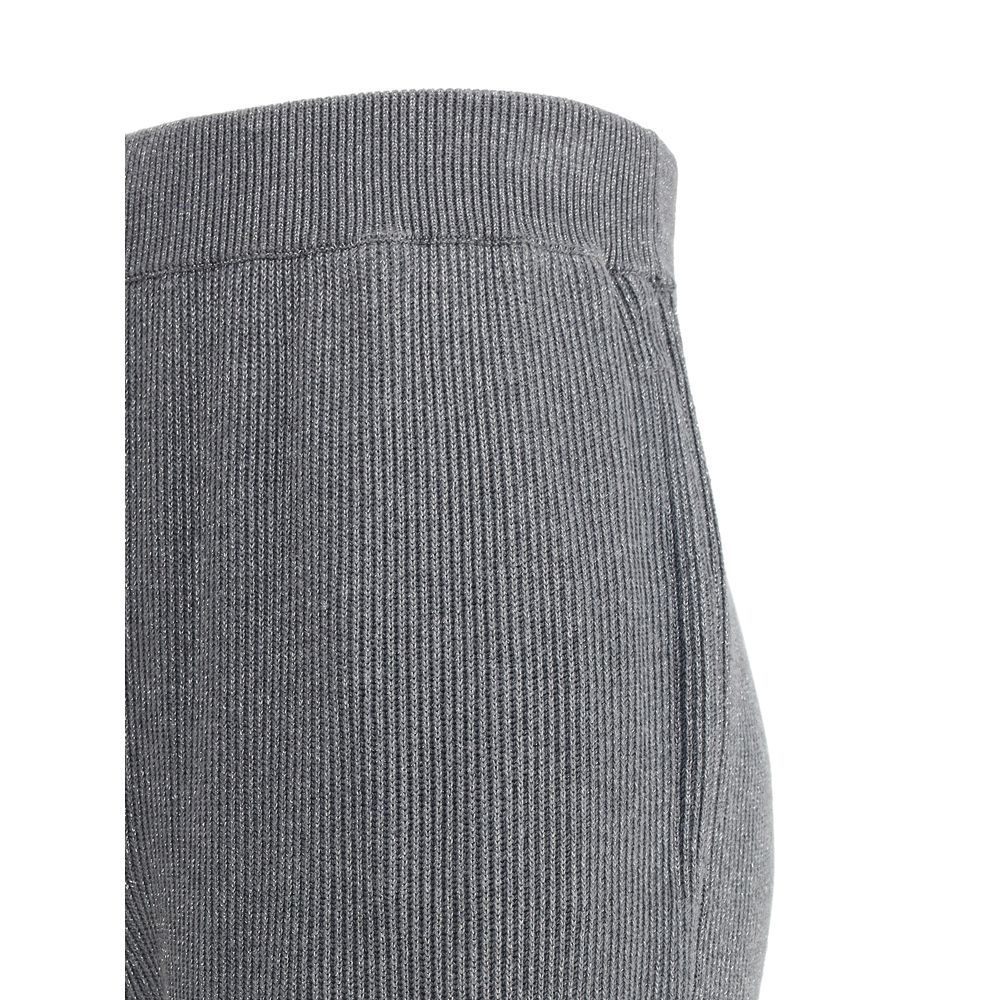 Side view of Brunello Cucinelli Gray Cotton Casual Pants showing ribbed knit design with silver thread and elasticized waistband.