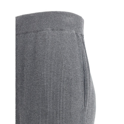 Side view of Brunello Cucinelli Gray Cotton Casual Pants showing ribbed knit design with silver thread and elasticized waistband.