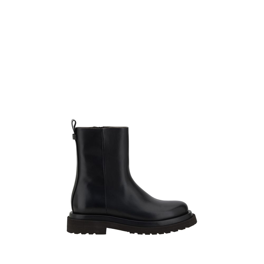 Side view of Brunello Cucinelli Black Calf Leather Bos Taurus Ankle Boots with round toe and block heel.