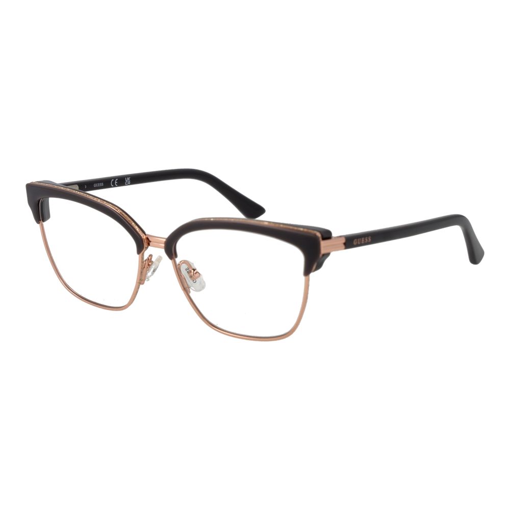 Guess Gray Women Glasses Frame in browline style, full-rim stainless steel, grey color, demo plastic lenses, includes branded case.