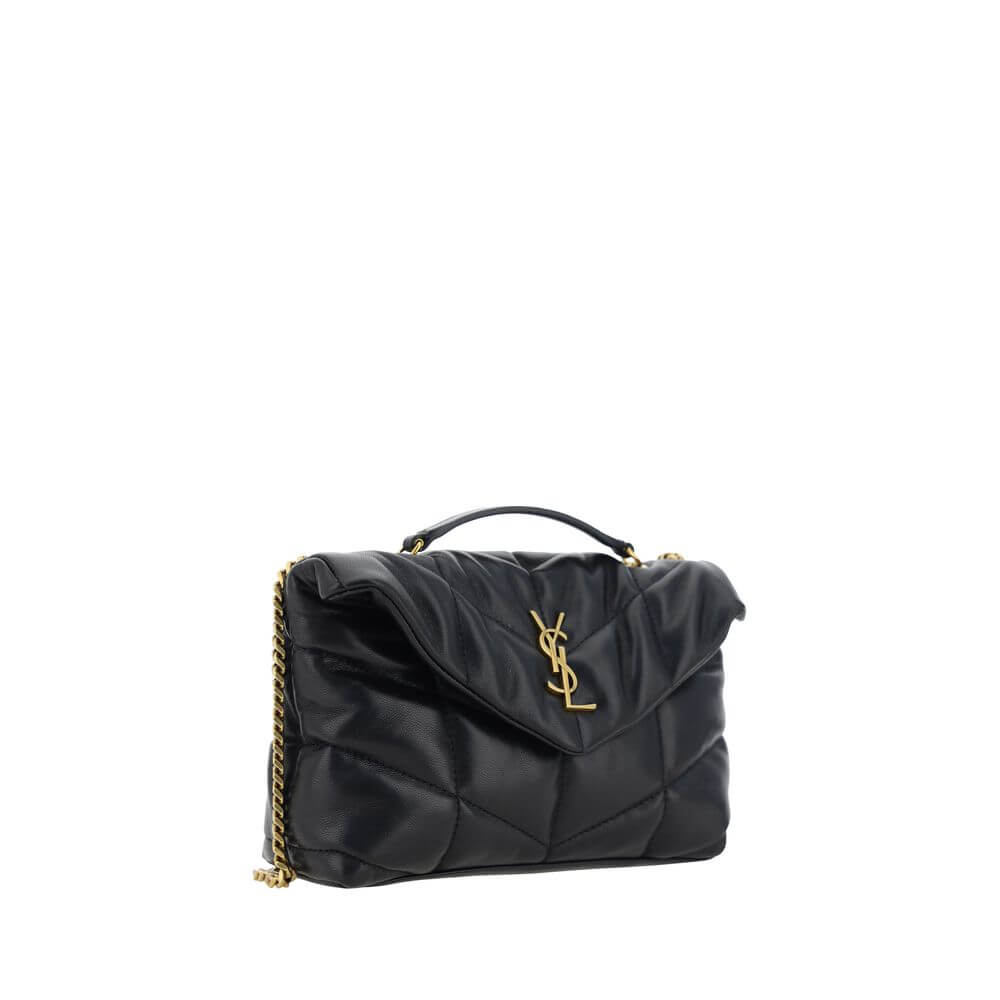 Saint Laurent Black Lamb Ovis Aries Aries Shoulder Bag with YSL logo and chevron quilting.
