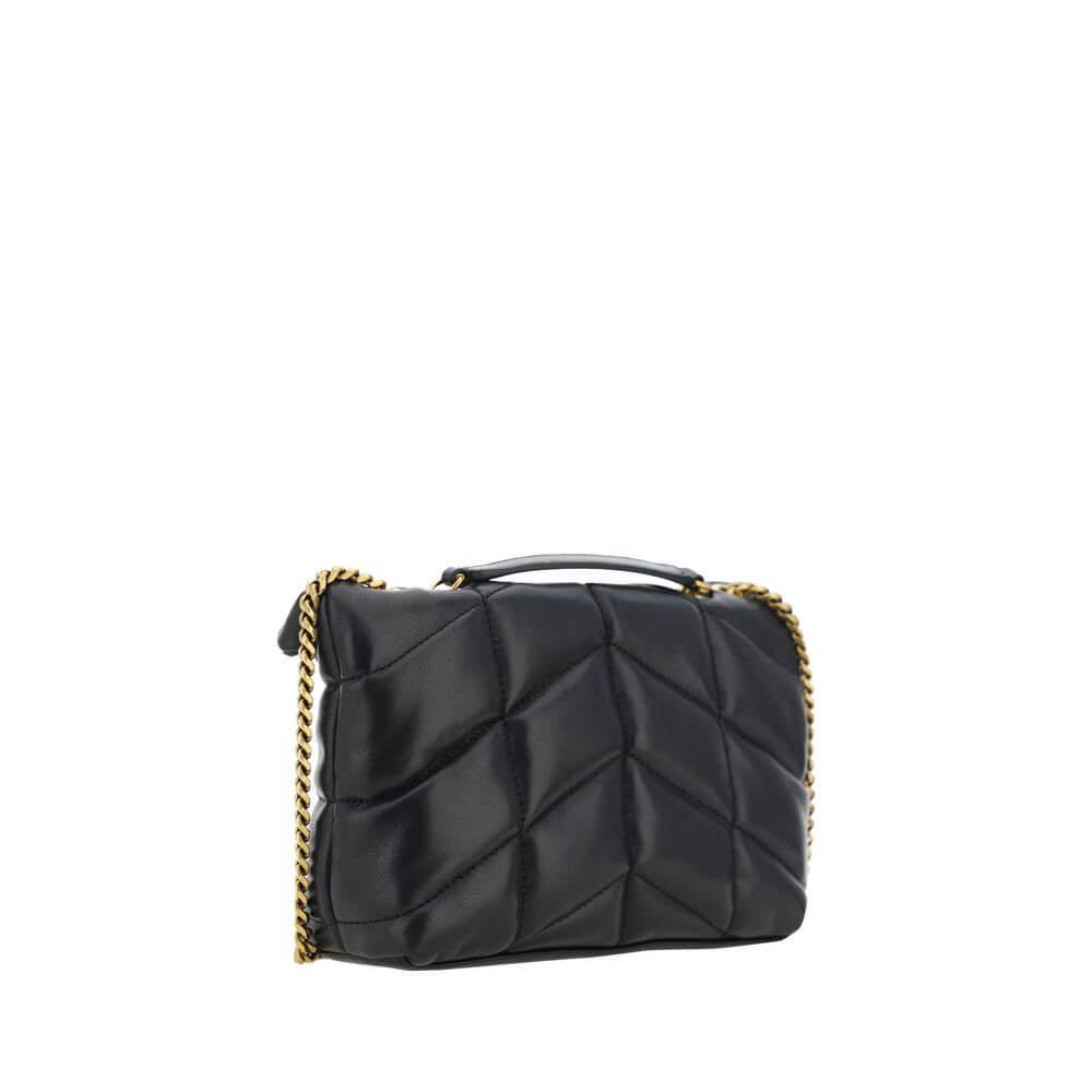 Saint Laurent Black Lamb Ovis Aries Aries Shoulder Bag with chevron quilting and gold chain detail, view of back.