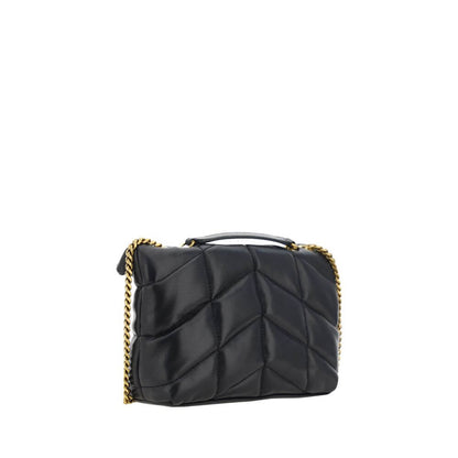 Saint Laurent Black Lamb Ovis Aries Aries Shoulder Bag with chevron quilting and gold chain detail, view of back.