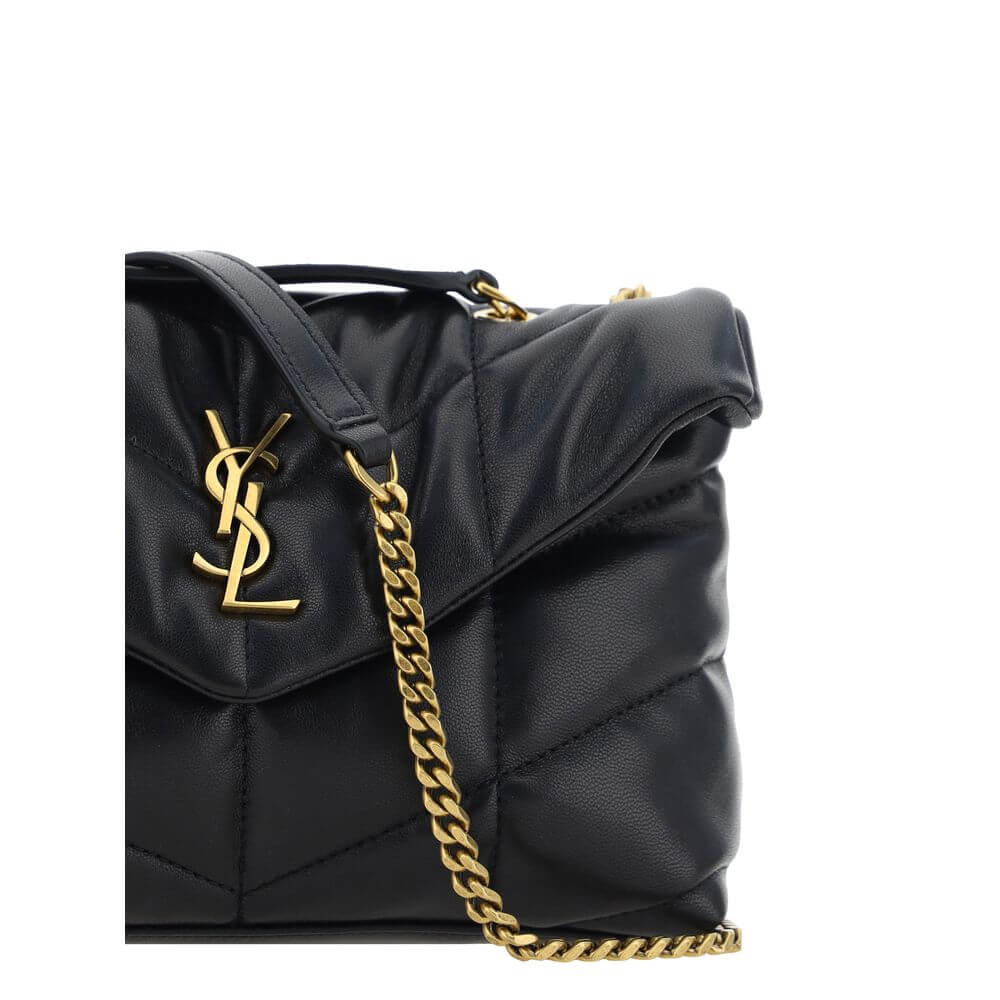Saint Laurent Black Lamb Ovis Aries Aries Shoulder Bag with gold chain and YSL logo on quilted leather