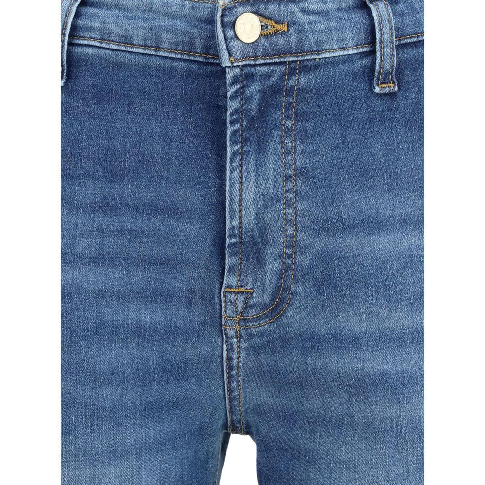 Close-up of 7FOR Blue Cotton Flared Jeans front detailing with zipper and button closure, highlighting the modern silhouette and quality stitching.