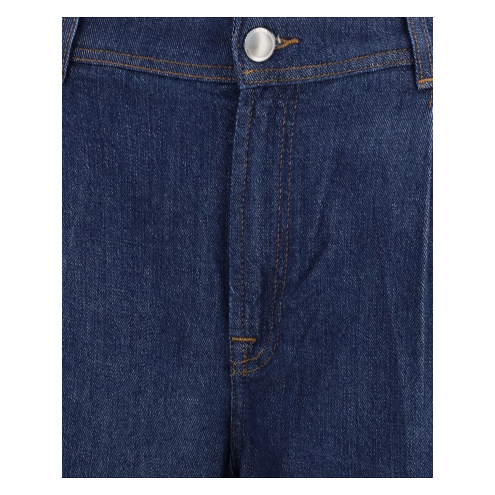 Close-up of 7FOR Blue Modal Jeans Denim showcasing high waist and front button closure detail.