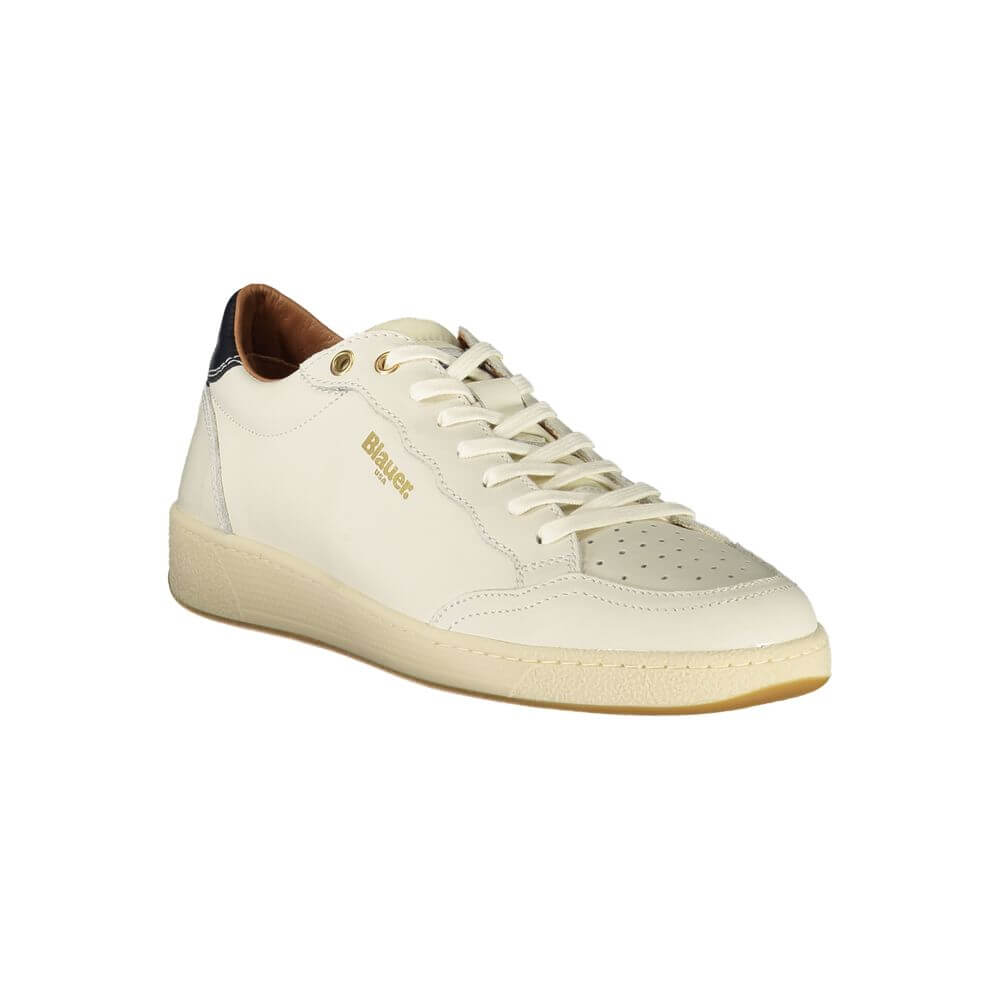Blauer White Leather Men Sneaker with blue accents and removable insole, showcasing modern luxury and iconic Blauer logo.