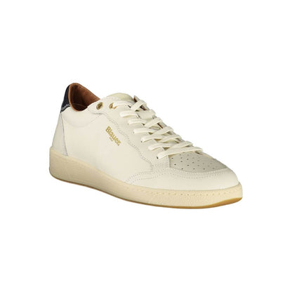 Blauer White Leather Men Sneaker with blue accents and removable insole, showcasing modern luxury and iconic Blauer logo.