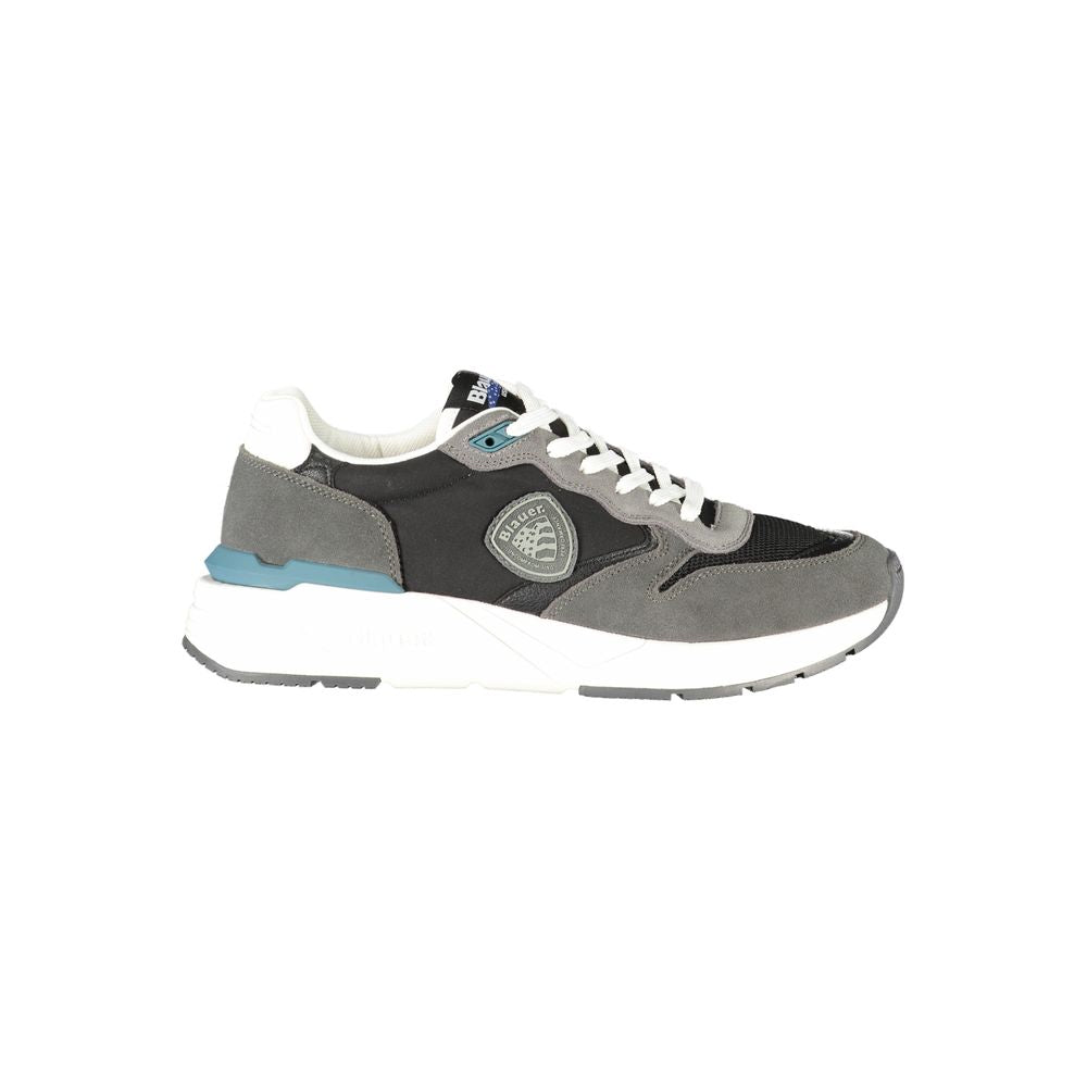 Blauer Black Leather Men Sneaker with stylish laces and bold logo, made from durable polyester, leather, and polyethylene materials.