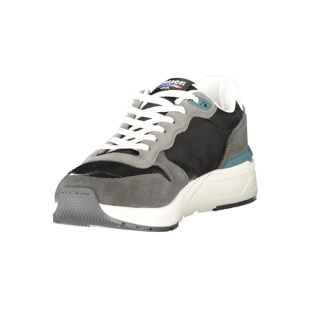 Blauer Black Leather Men Sneaker with sporty design and bold logo on side view.