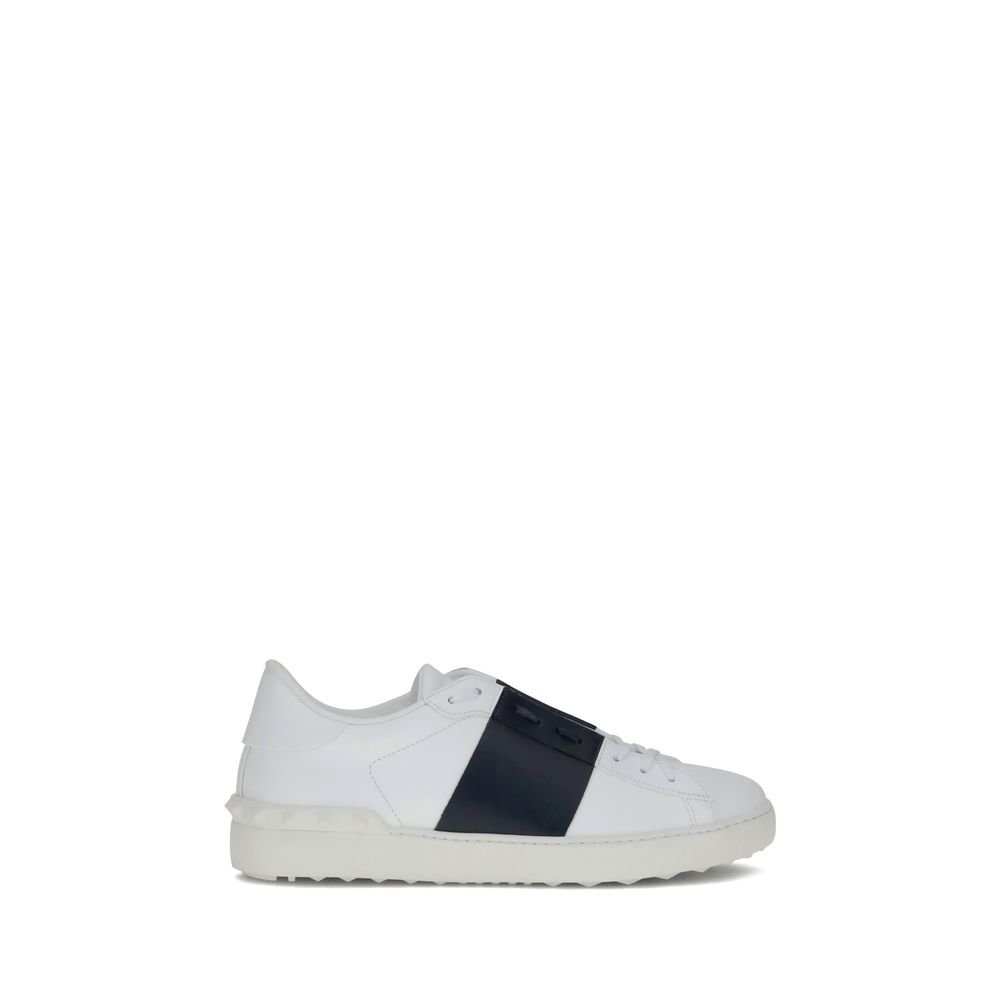 Valentino Garavani White Calf Leather Bos Taurus Low Top Sneakers with contrasting bands and studded heel.