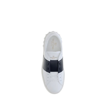 Valentino Garavani White Calf Leather Bos Taurus Low Top Sneakers with contrasting side bands and studded heel, top view.