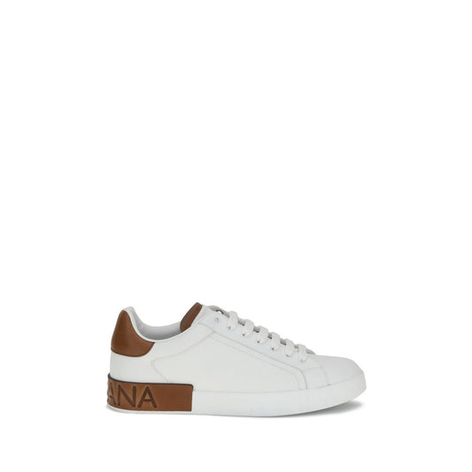 Dolce & Gabbana White Calf Leather Bos Taurus Low Top Sneakers with logo stripe and brown heel detail, side view.