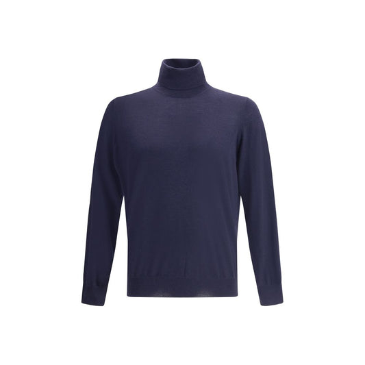 Brunello Cucinelli Blue Fleece Wool Turtleneck sweater showcasing ribbed collar, cuffs, and hem for a refined and timeless look.