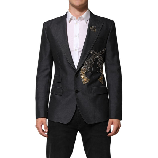 Dolce & Gabbana Dark Gray Bee Embroidery Wool Coat Blazer