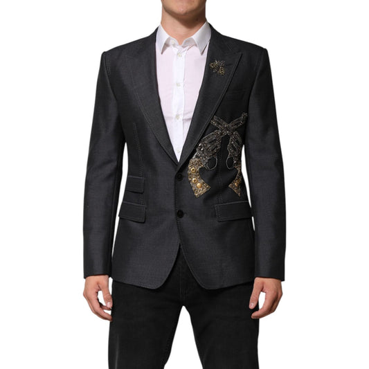 Dolce & Gabbana Dark Gray Bee Embroidery Wool Coat Blazer JKT41551-50