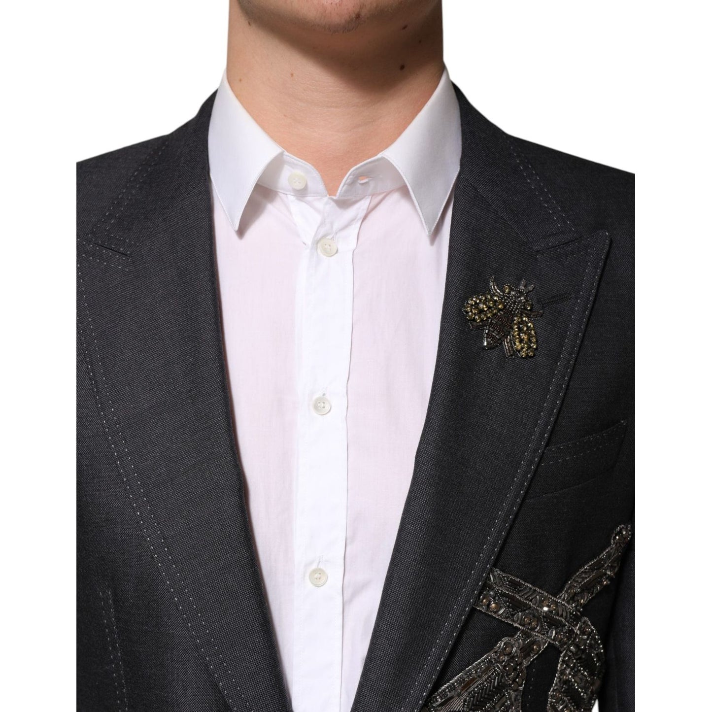 Dolce & Gabbana Dark Gray Bee Embroidery Wool Coat Blazer JKT41551-50