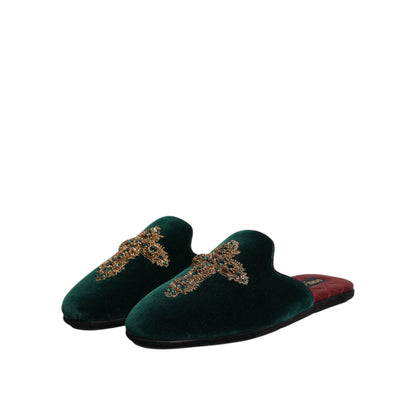Dolce & Gabbana Green Velvet Cross Embellished Slippers Shoes