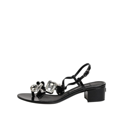 Dolce & Gabbana Black Leather Crystal Ankle Strap Sandals Shoes