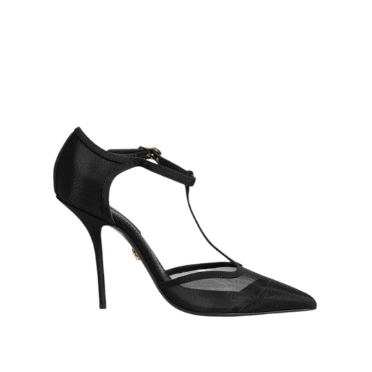 Dolce & Gabbana Black Mesh T-strap Stiletto High Heels Shoes