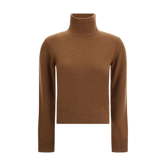 Ami Paris Brown Cashmere Cashmere Sweater with turtleneck and ribbed trim, featuring iconic Ami De Coeur logo for winter elegance.