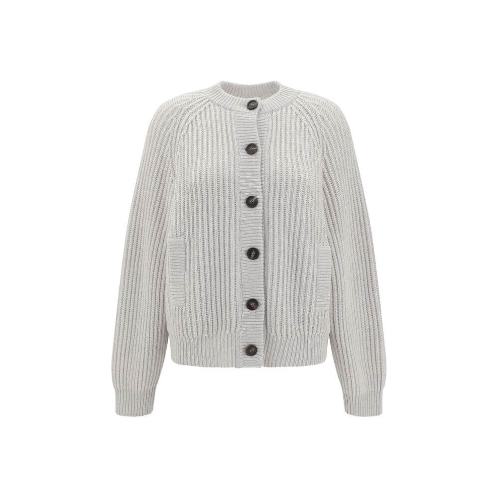 Brunello Cucinelli White Cashmere Cardigan with ribbed texture, raglan sleeves, contrasting buttons, and welt pockets for a stylish look.