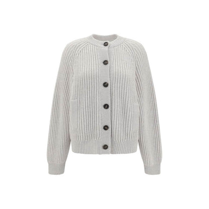 Brunello Cucinelli White Cashmere Cardigan with ribbed texture, raglan sleeves, contrasting buttons, and welt pockets for a stylish look.