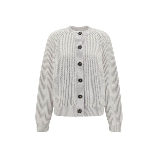 Brunello Cucinelli White Cashmere Cardigan with ribbed texture, raglan sleeves, contrasting buttons, and welt pockets for a stylish look.