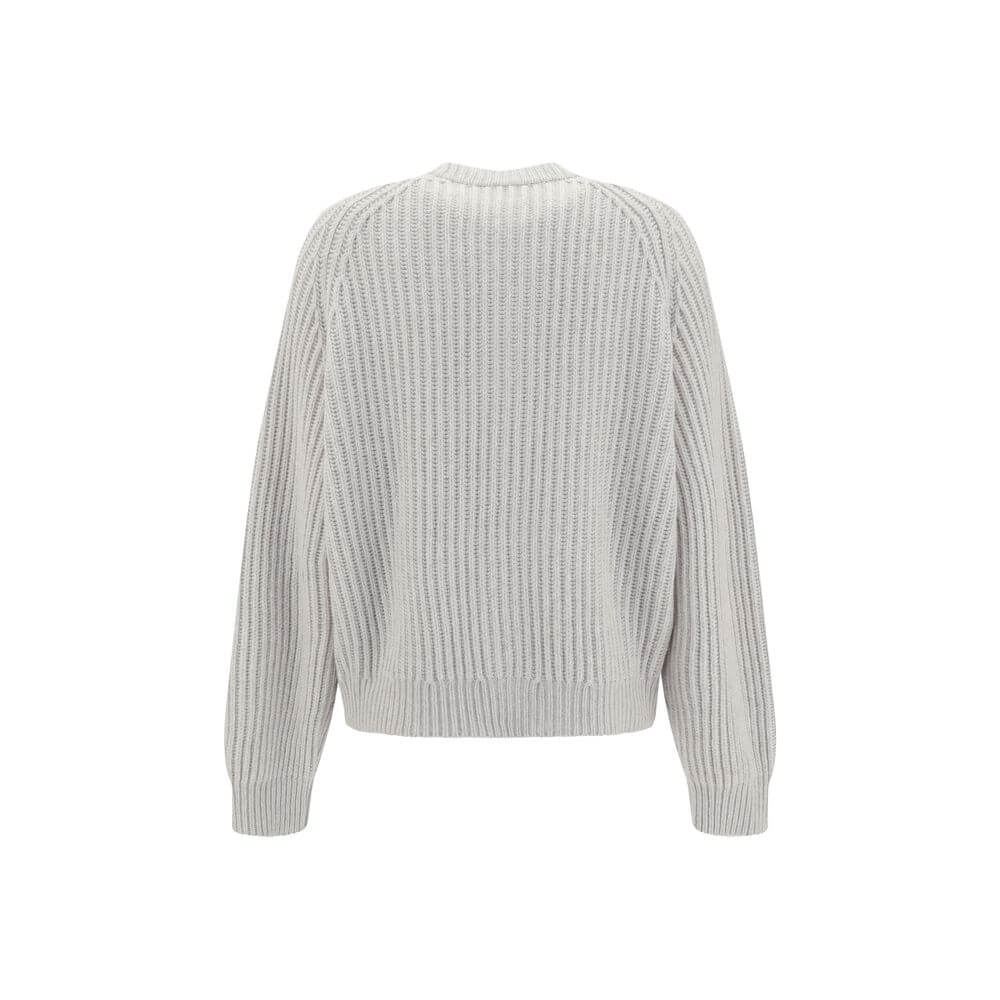 Back view of Brunello Cucinelli White Cashmere Cardigan with ribbed weave and raglan sleeves for elegant style and comfort