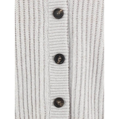 Close-up of Brunello Cucinelli White Cashmere Cardigan with ribbed texture and contrasting buttons.
