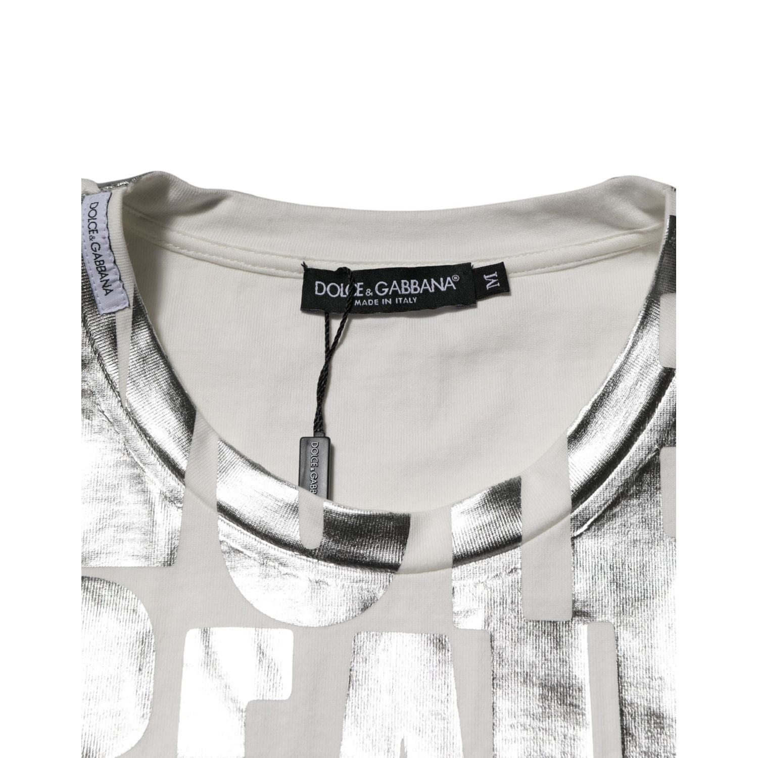 Dolce & Gabbana White Cotton Silver Metallic Slogan Print T-shirt