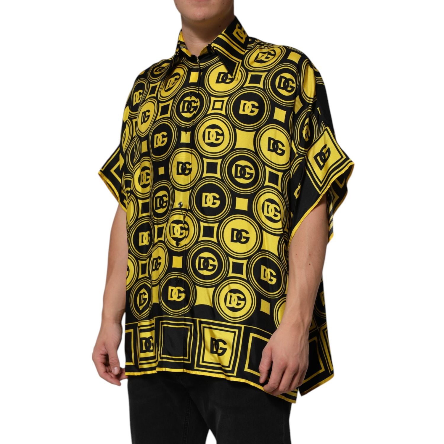 Dolce & Gabbana Yellow Silk Silver DG Logo Geometric T-shirt