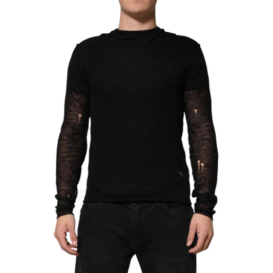 Dolce & Gabbana Black Linen Mesh Tattered Longsleeves T-shirt TSH91263-48