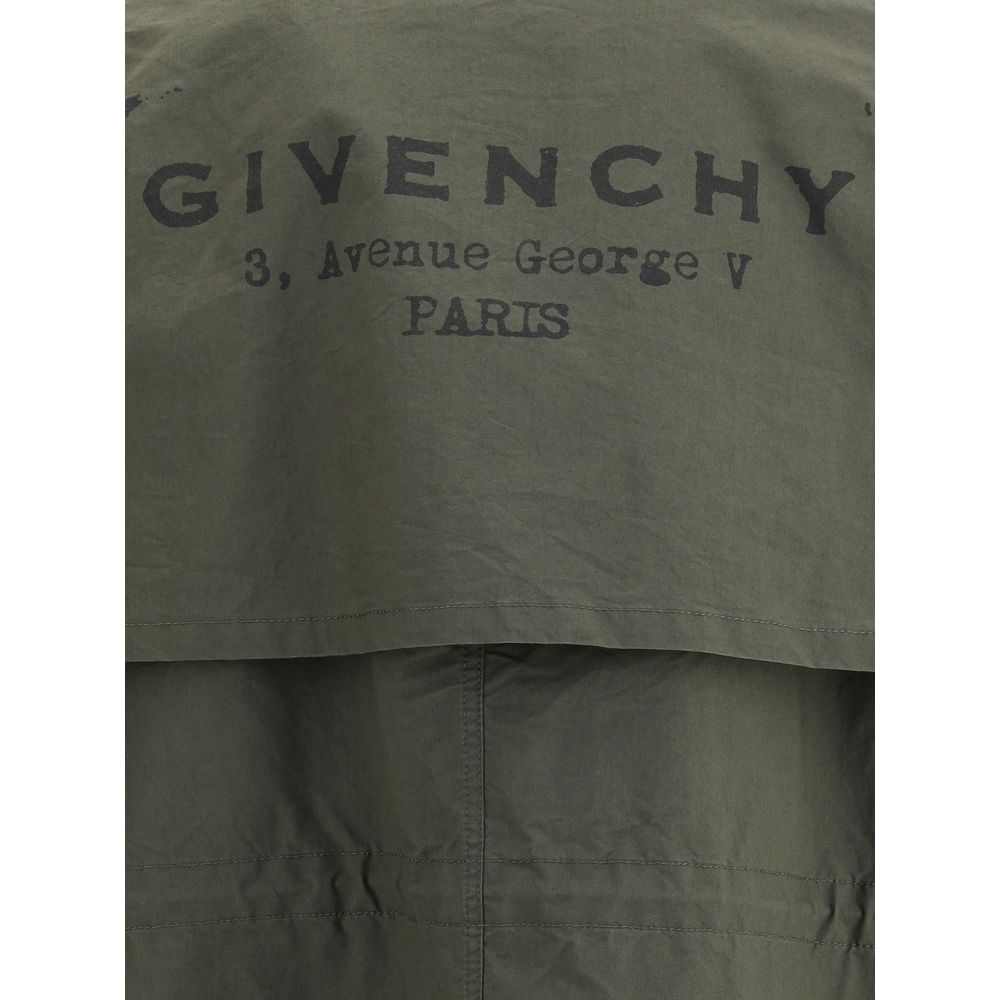 Close-up of Givenchy Bicolor Cotton Clothing with logo detailing, featuring iconic monogram on an oversized parka jacket.