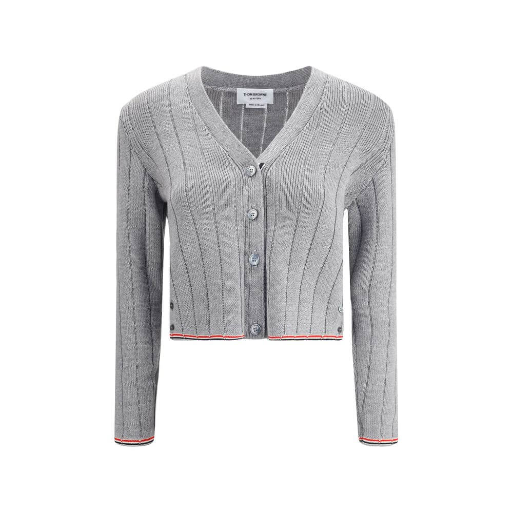 Thom Browne Gray Fleece Wool Cardigan with ribbed design, button closure, and iconic colored bands on hem and cuffs.