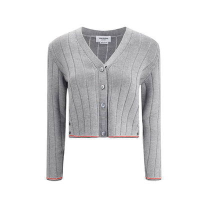 Thom Browne Gray Fleece Wool Cardigan with ribbed design, button closure, and iconic colored bands on hem and cuffs.