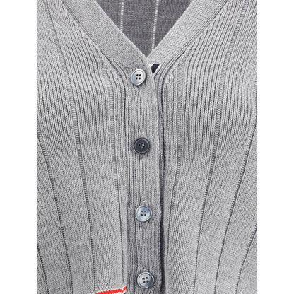 Thom Browne Gray Fleece Wool Cardigan with V-neck and button closure, ribbed design, and iconic colored bands detail.