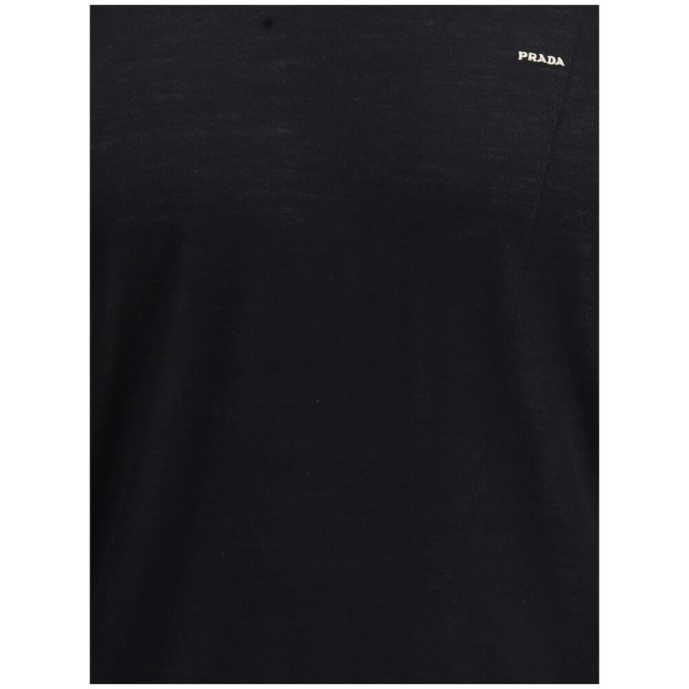 Prada Black Fleece Wool Sweatshirt featuring a sleek design with an embroidered logo and ribbed crew neck, cuffs, and hem.