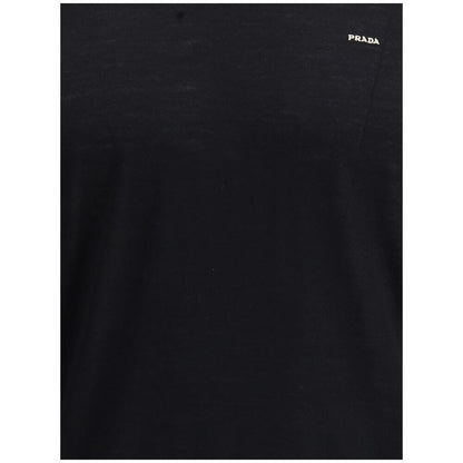 Prada Black Fleece Wool Sweatshirt featuring a sleek design with an embroidered logo and ribbed crew neck, cuffs, and hem.