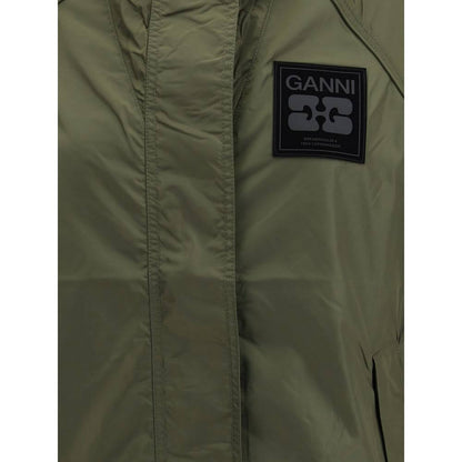 Ganni Green Nylon Shell Jacket with hood, front zipper, side pockets, and GANNI logo patch, waterproof and contemporary style.
