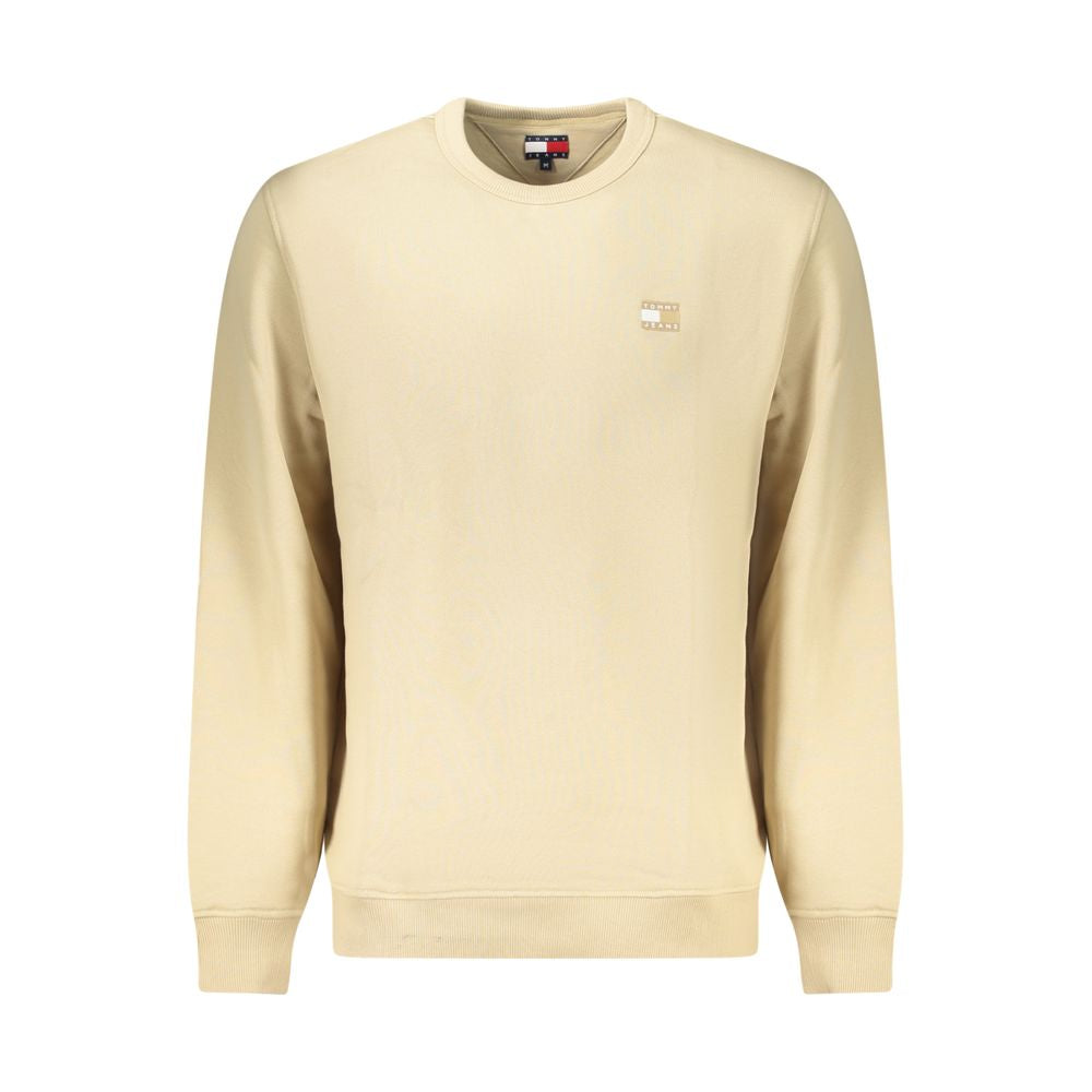 Tommy Hilfiger Beige Cotton Men Sweater with logo, long sleeves, and crew neck, showcasing casual sophistication and eco-conscious fashion.