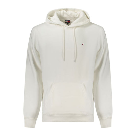 Tommy Hilfiger White Cotton Men Sweater with embroidered logo, long sleeves, and central pocket for comfort and style.