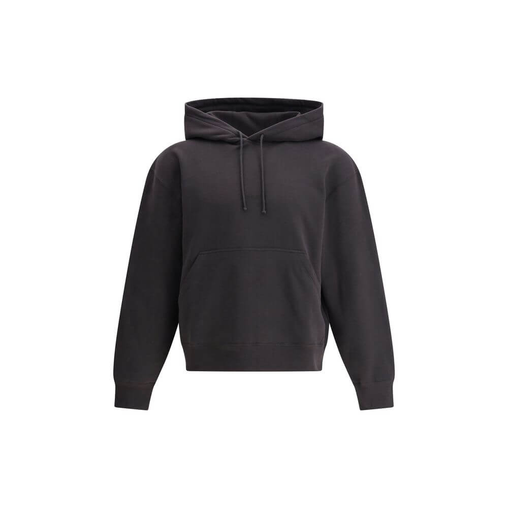 Saint Laurent Black Cotton Sweatshirt with drawstring hood and kangaroo pocket, featuring ribbed cuffs and hem for comfort and style.
