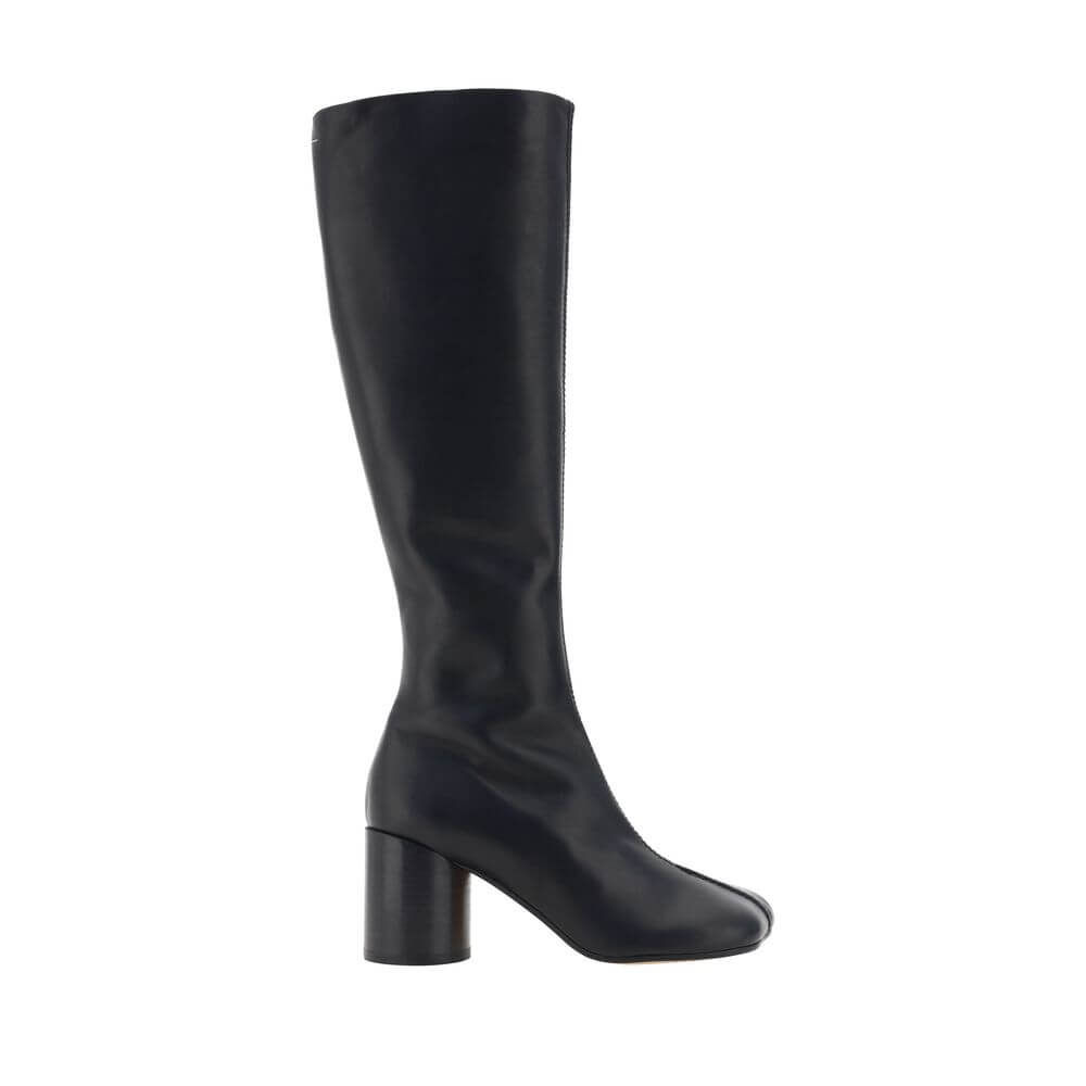 "MM6 Black Calf Leather Bos Taurus Boots with iconic Tabi toe, knee-high style, side zip closure, and cylindrical heel"