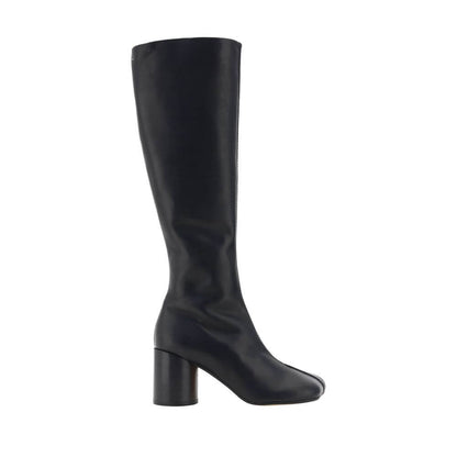 "MM6 Black Calf Leather Bos Taurus Boots with iconic Tabi toe, knee-high style, side zip closure, and cylindrical heel"