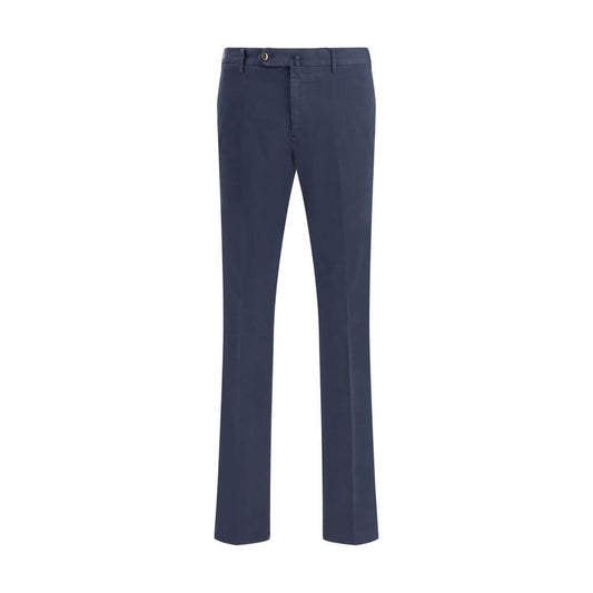 PT Torino Blue Cotton Casual Pants with front closure, side slash pockets, and back welt pockets. Ideal for casual and formal looks.
