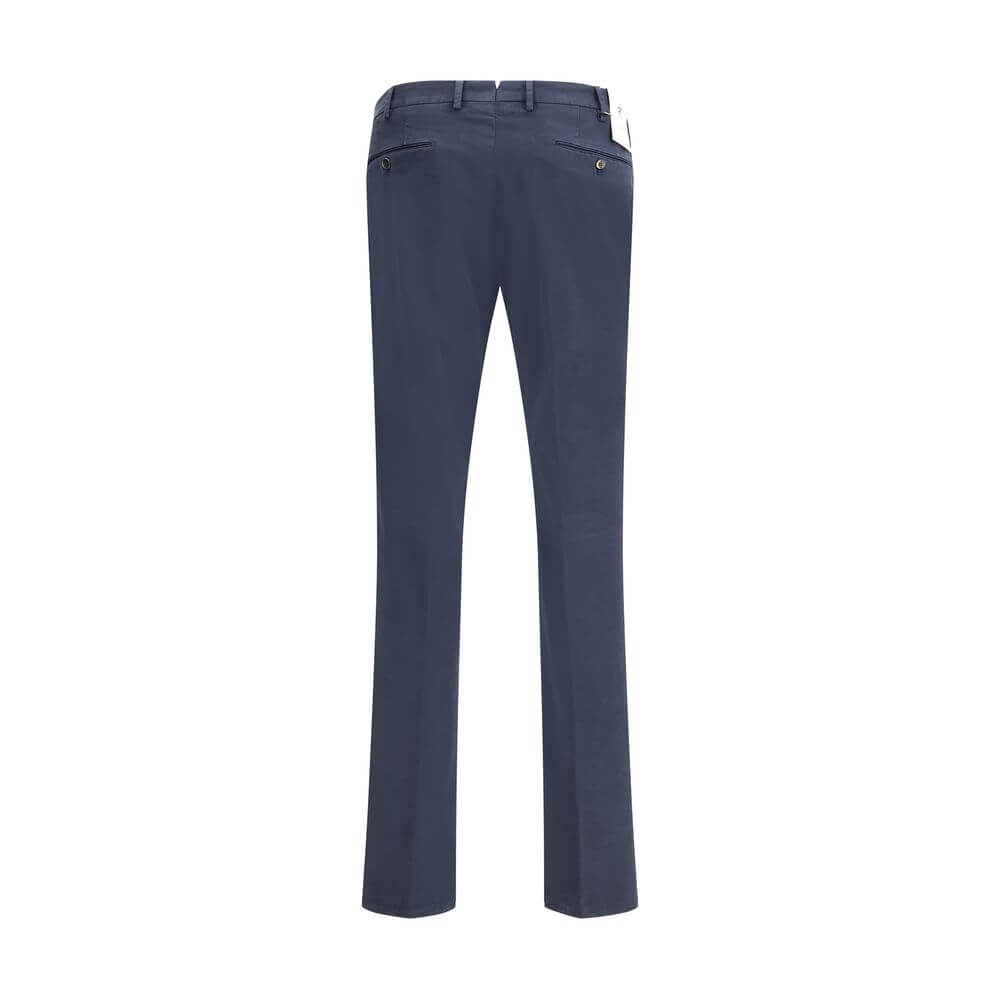 Back view of PT Torino Blue Cotton Casual Pants with welt pockets and belt loops, perfect for versatile and elegant looks.